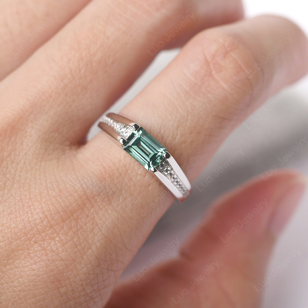 East West Green Sapphire Ring Emerald Cut Engagement Ring - LUO Jewelry