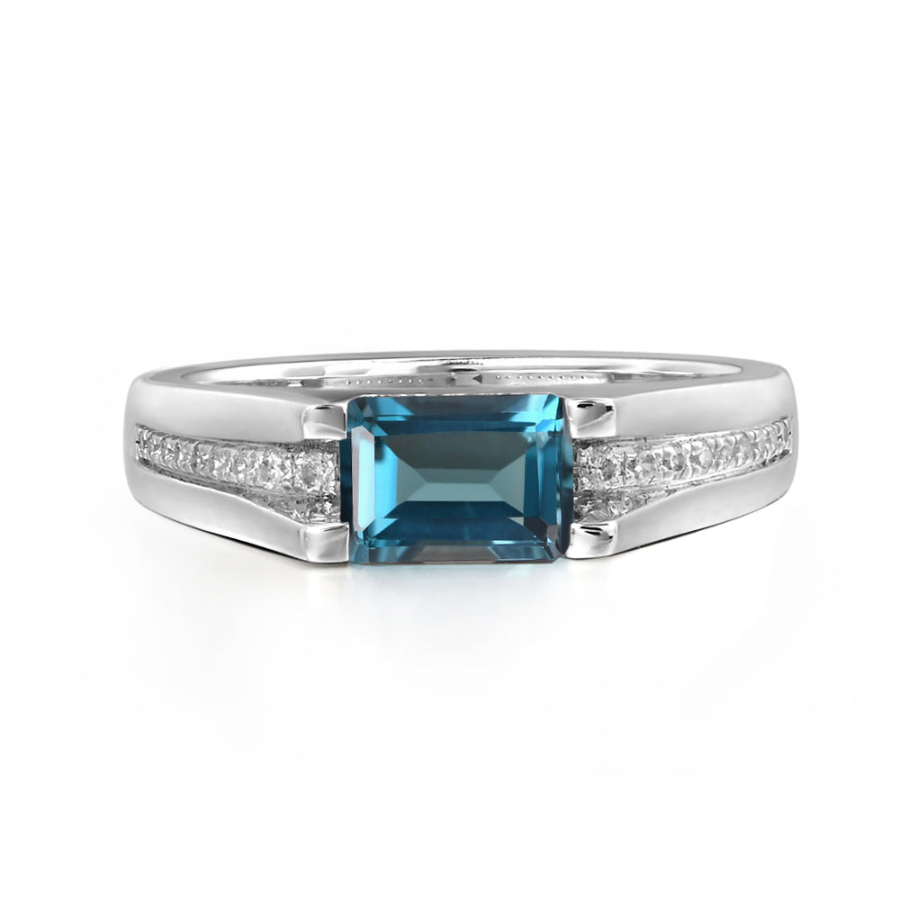 East West London Blue Topaz Ring Emerald Cut Engagement Ring - LUO Jewelry