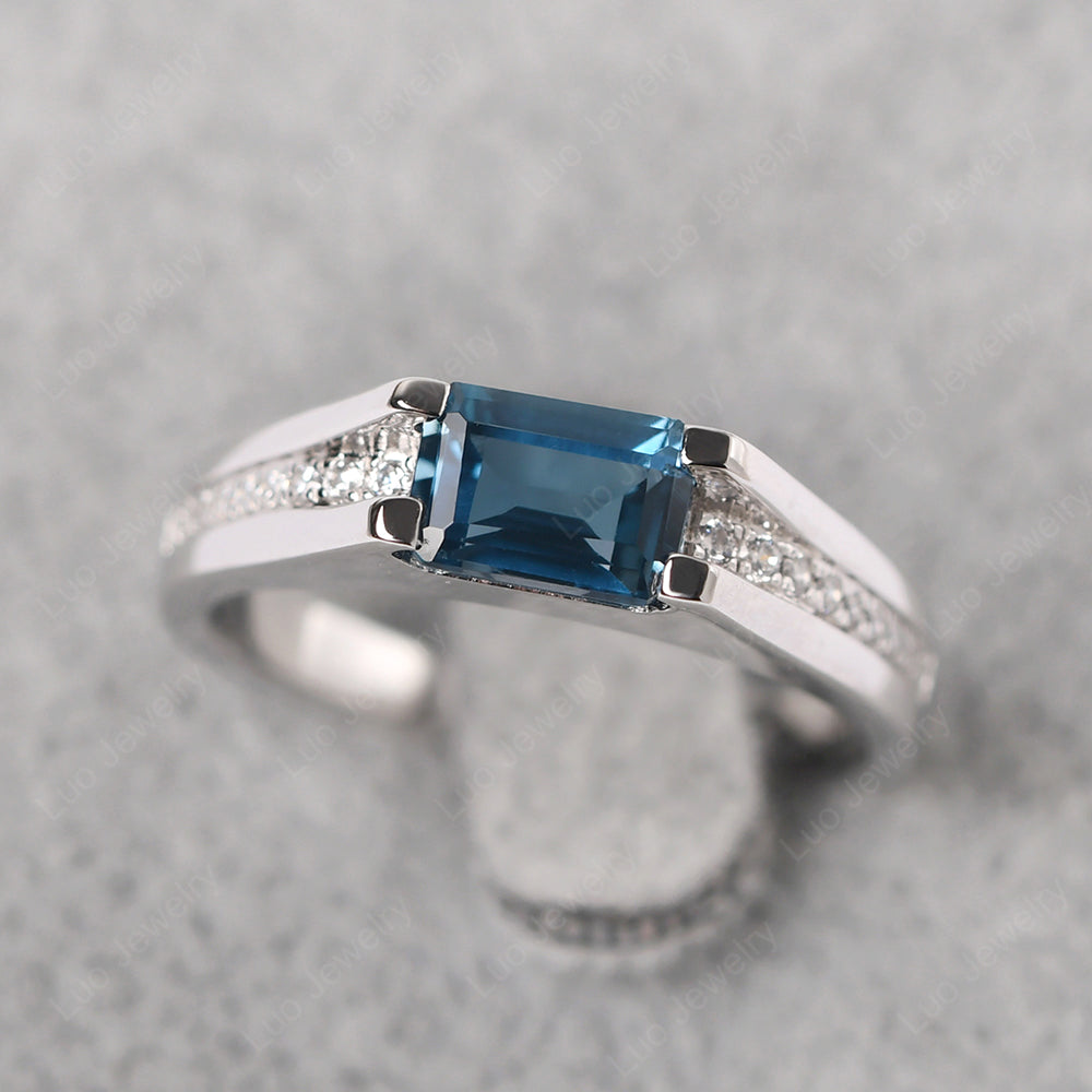 East West London Blue Topaz Ring Emerald Cut Engagement Ring - LUO Jewelry