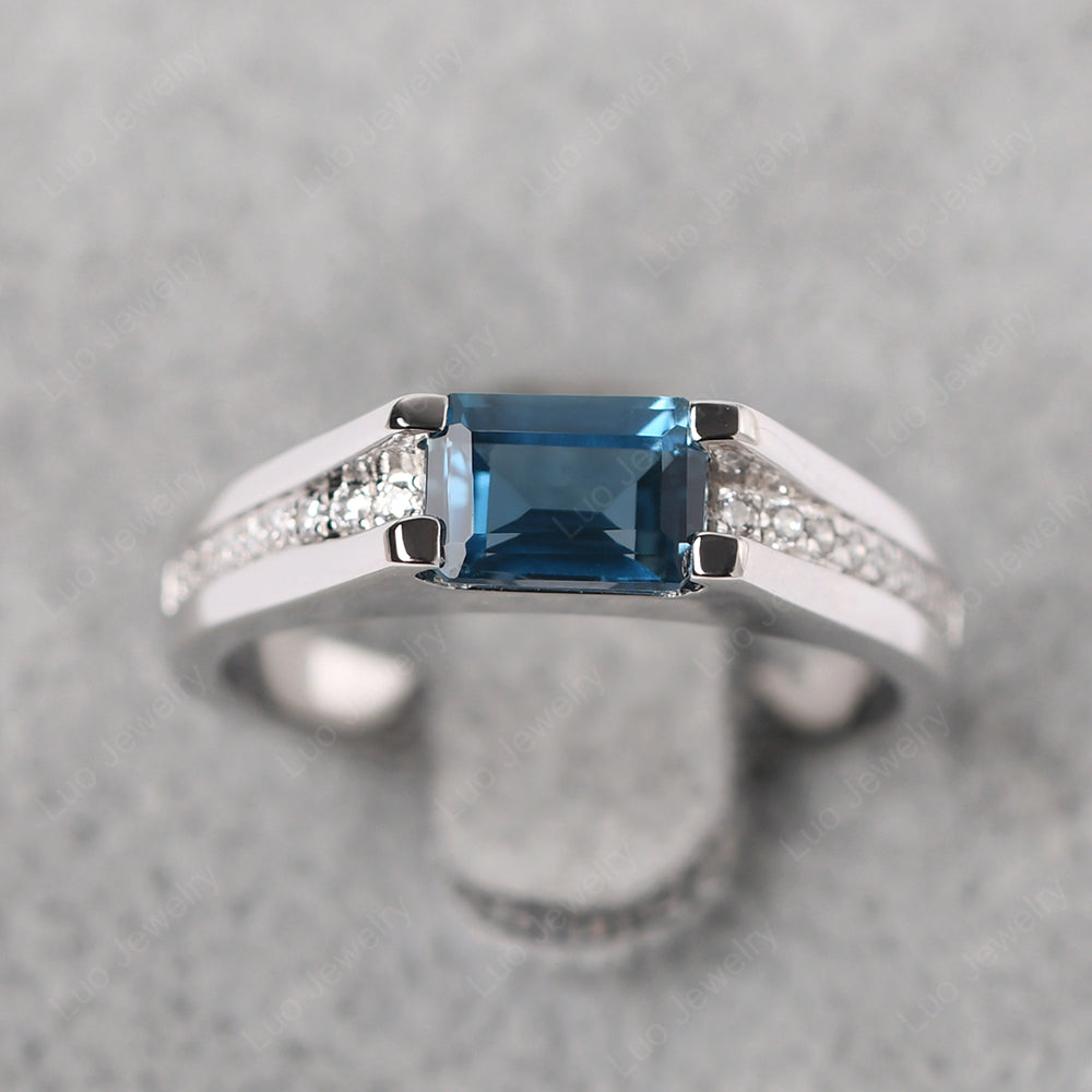 East West London Blue Topaz Ring Emerald Cut Engagement Ring - LUO Jewelry