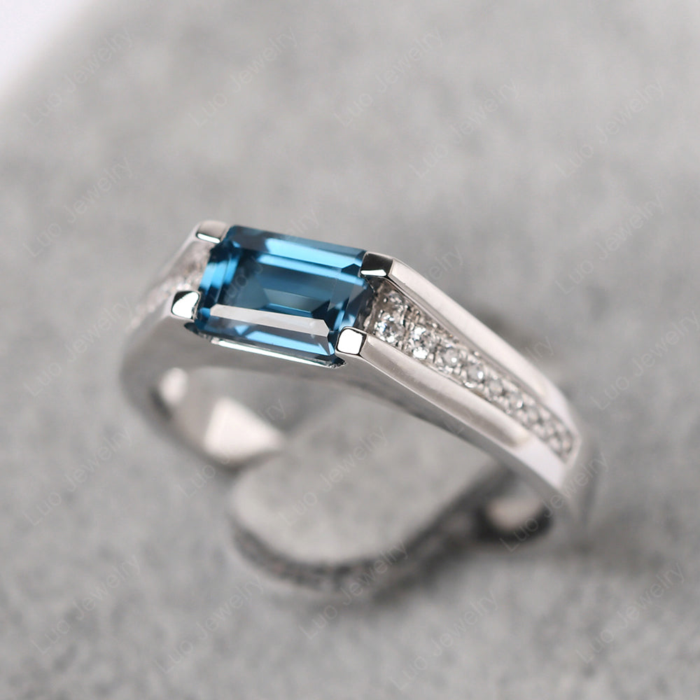 East West London Blue Topaz Ring Emerald Cut Engagement Ring - LUO Jewelry