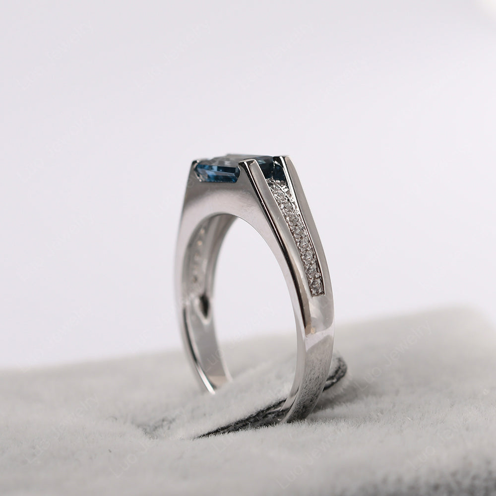 East West London Blue Topaz Ring Emerald Cut Engagement Ring - LUO Jewelry