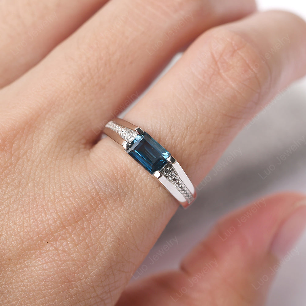 East West London Blue Topaz Ring Emerald Cut Engagement Ring - LUO Jewelry