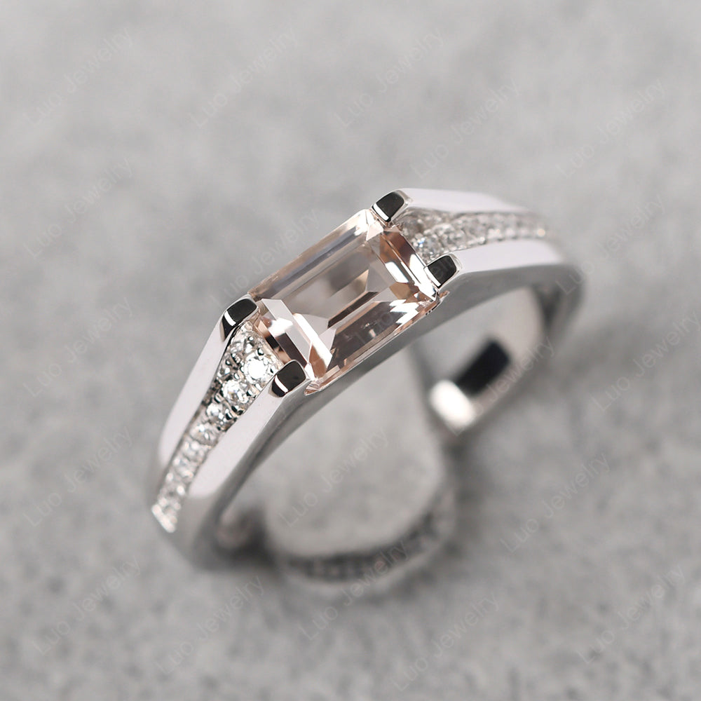 East West Morganite Ring Emerald Cut Engagement Ring - LUO Jewelry