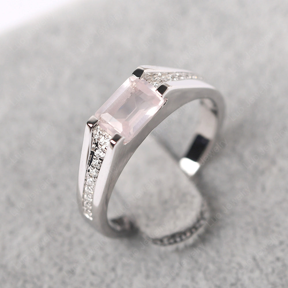 East West Rose Quartz Ring Emerald Cut Engagement Ring - LUO Jewelry