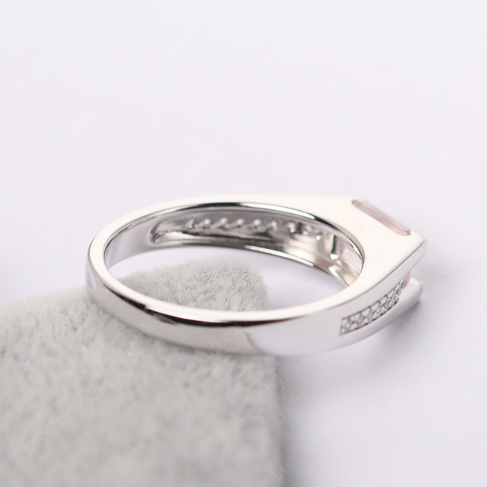 East West Rose Quartz Ring Emerald Cut Engagement Ring - LUO Jewelry