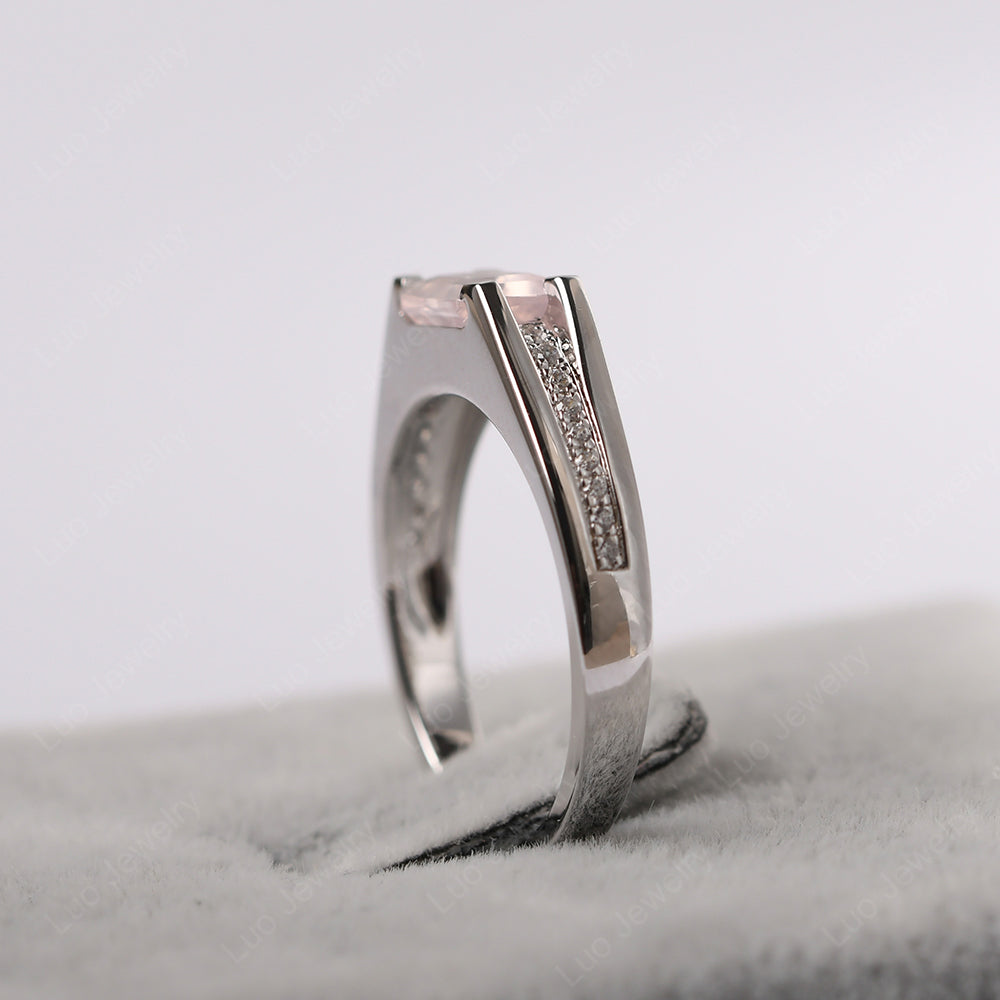 East West Rose Quartz Ring Emerald Cut Engagement Ring - LUO Jewelry