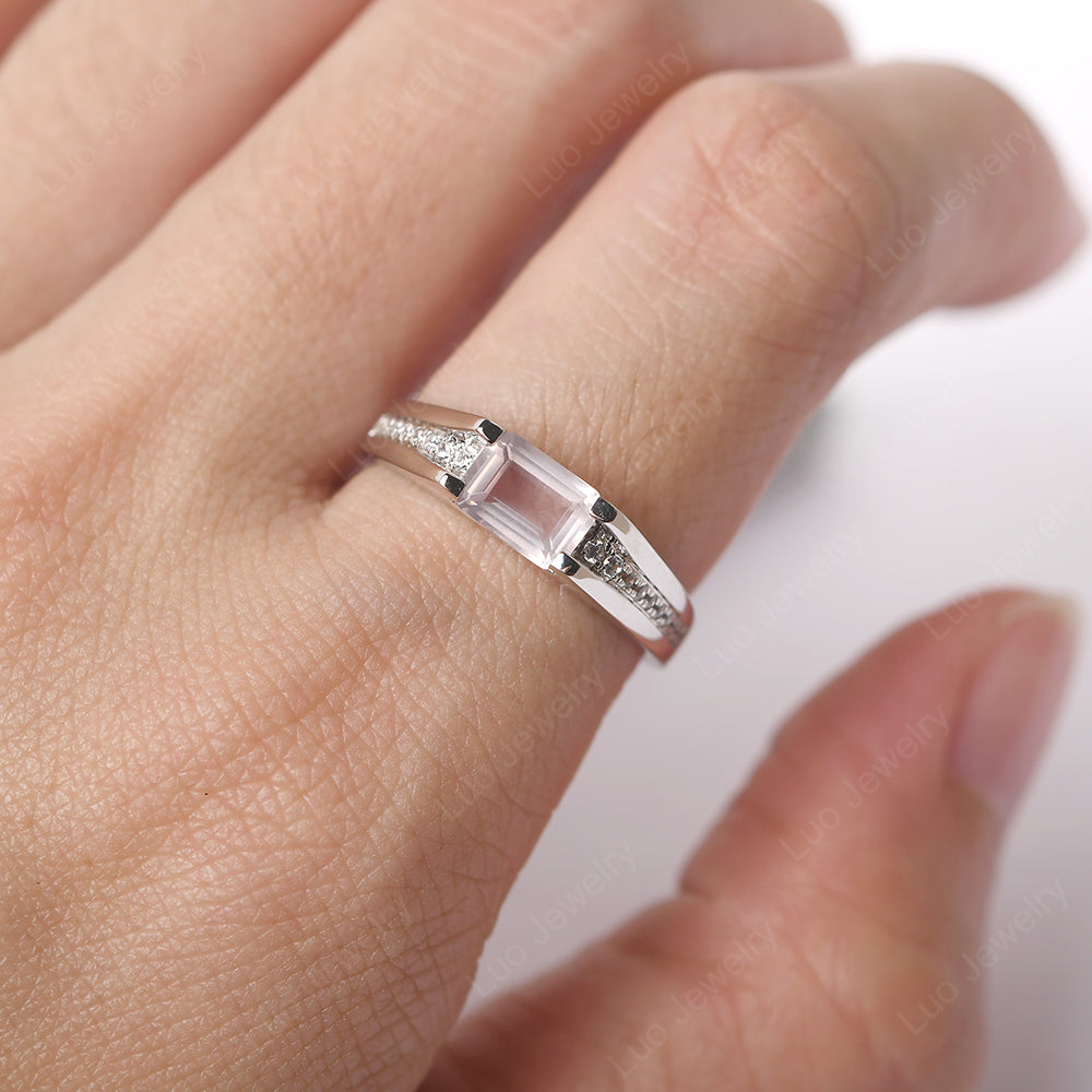 East West Rose Quartz Ring Emerald Cut Engagement Ring - LUO Jewelry