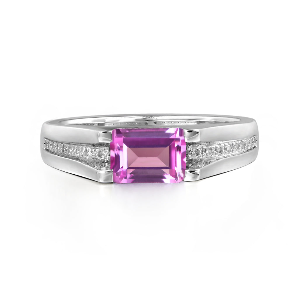 East West Pink Sapphire Ring Emerald Cut Engagement Ring - LUO Jewelry