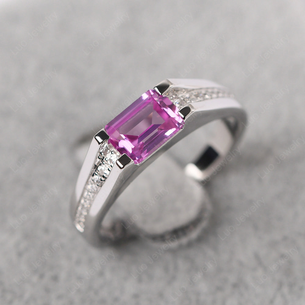 East West Pink Sapphire Ring Emerald Cut Engagement Ring - LUO Jewelry