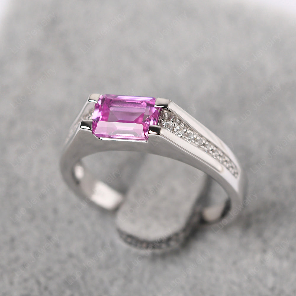 East West Pink Sapphire Ring Emerald Cut Engagement Ring - LUO Jewelry