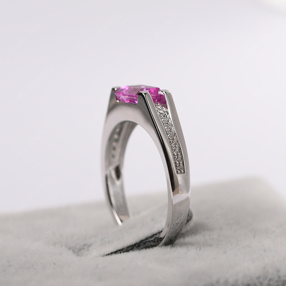 East West Pink Sapphire Ring Emerald Cut Engagement Ring - LUO Jewelry