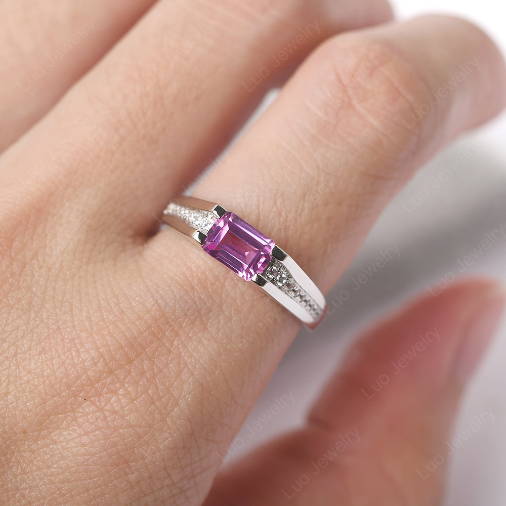 East West Pink Sapphire Ring Emerald Cut Engagement Ring - LUO Jewelry