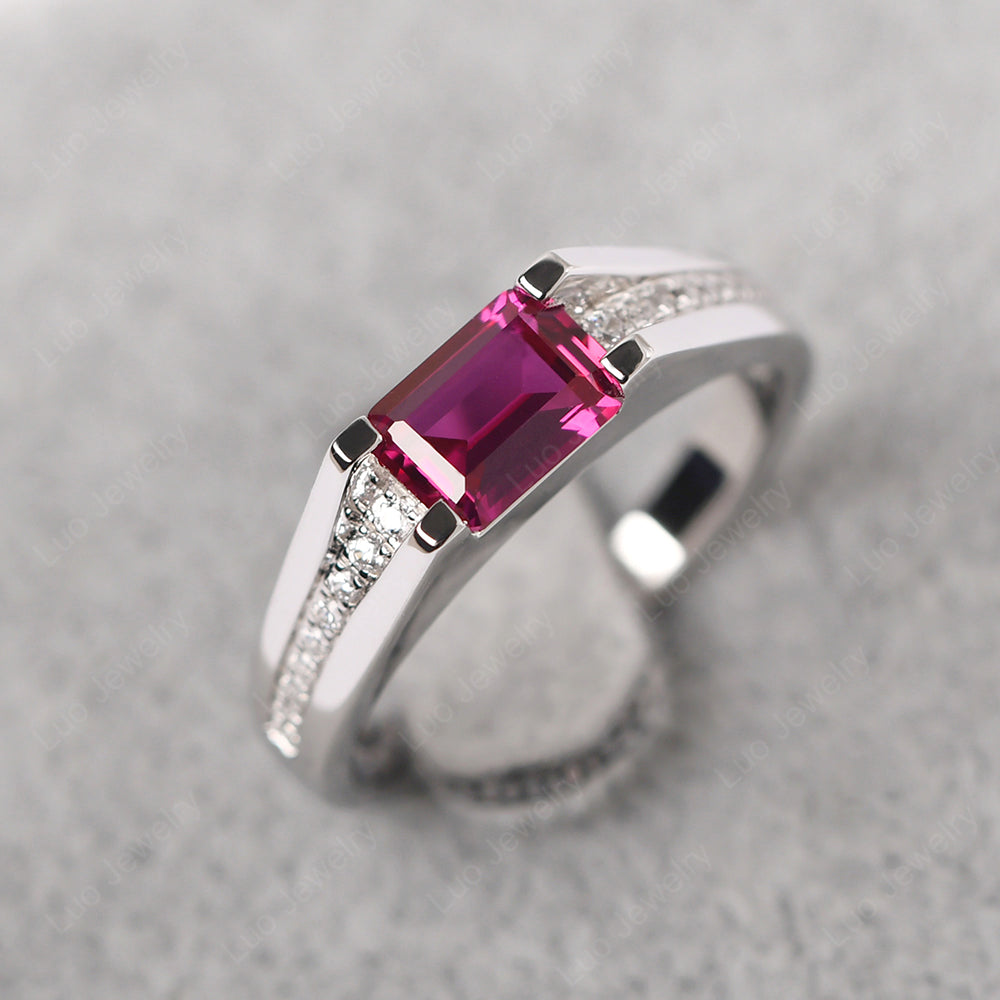 East West Ruby Ring Emerald Cut Engagement Ring - LUO Jewelry