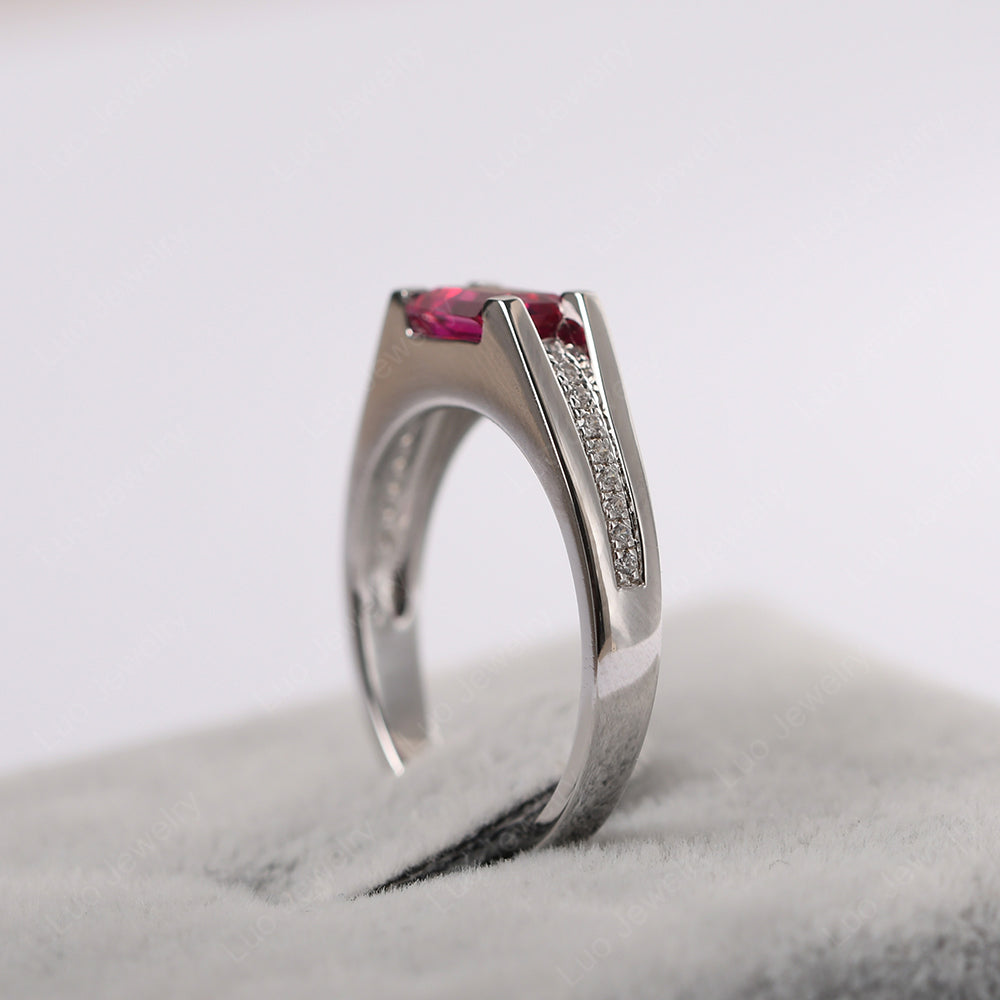 East West Ruby Ring Emerald Cut Engagement Ring - LUO Jewelry