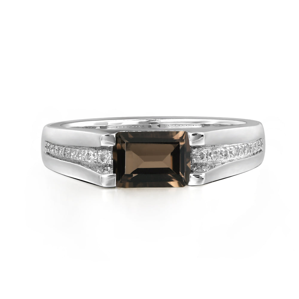 East West Smoky Quartz  Ring Emerald Cut Engagement Ring - LUO Jewelry