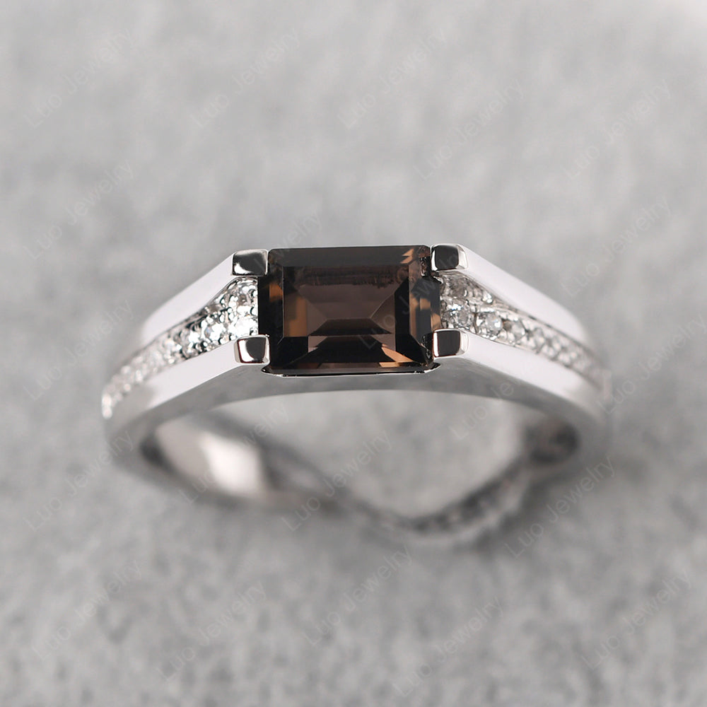 East West Smoky Quartz Ring Emerald Cut Engagement Ring - LUO Jewelry