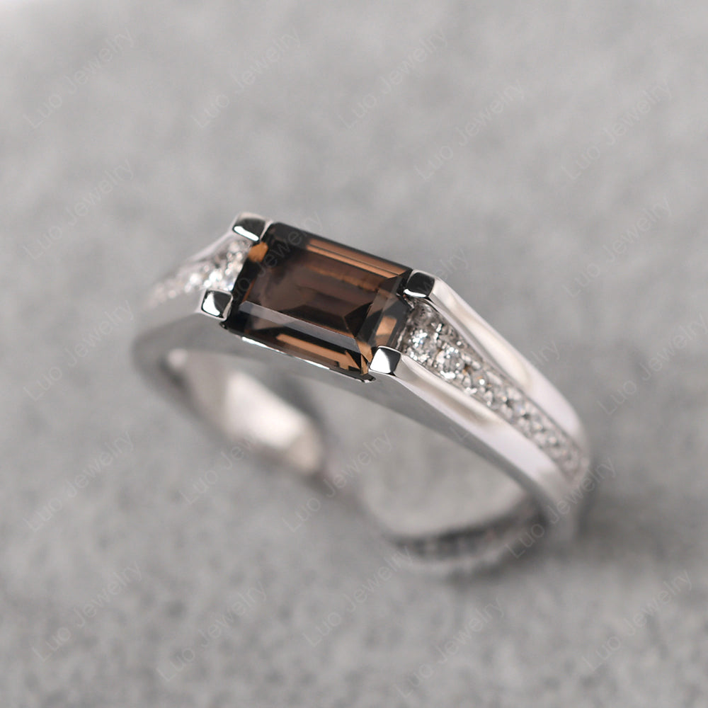 East West Smoky Quartz Ring Emerald Cut Engagement Ring - LUO Jewelry