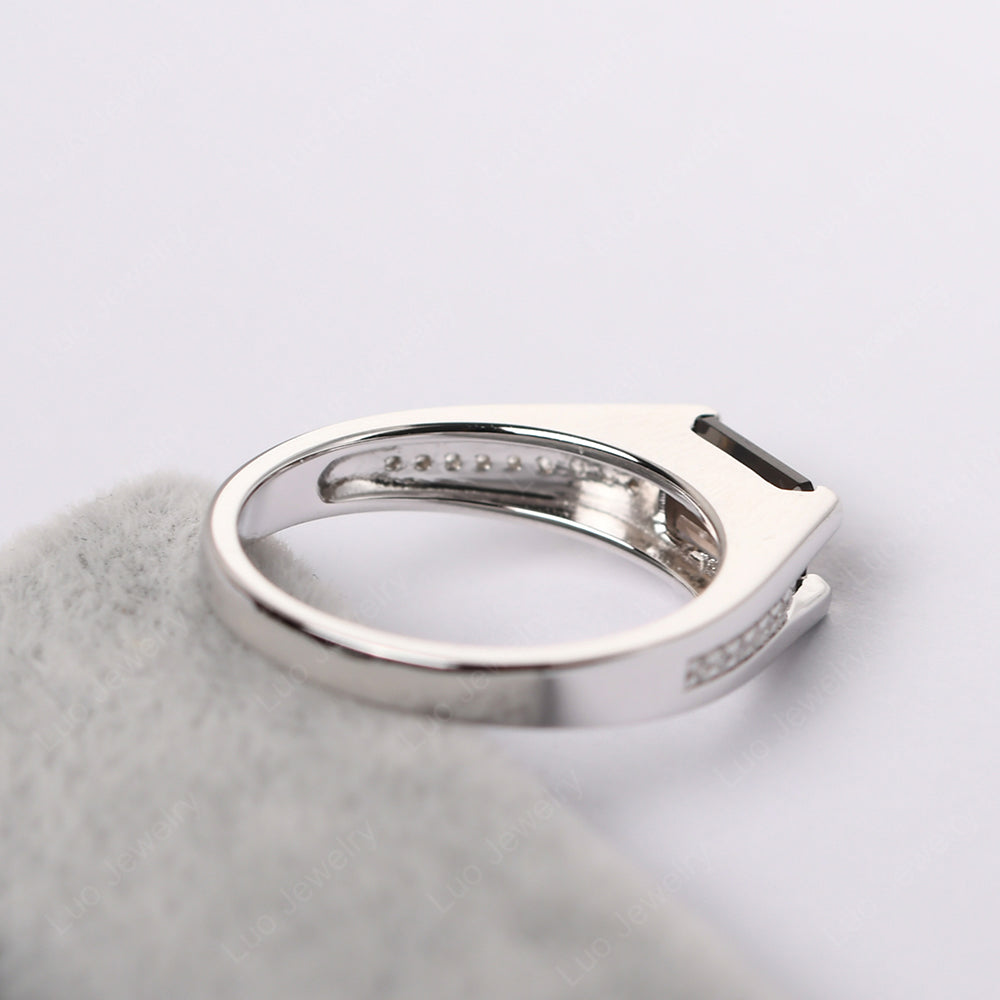 East West Smoky Quartz Ring Emerald Cut Engagement Ring - LUO Jewelry