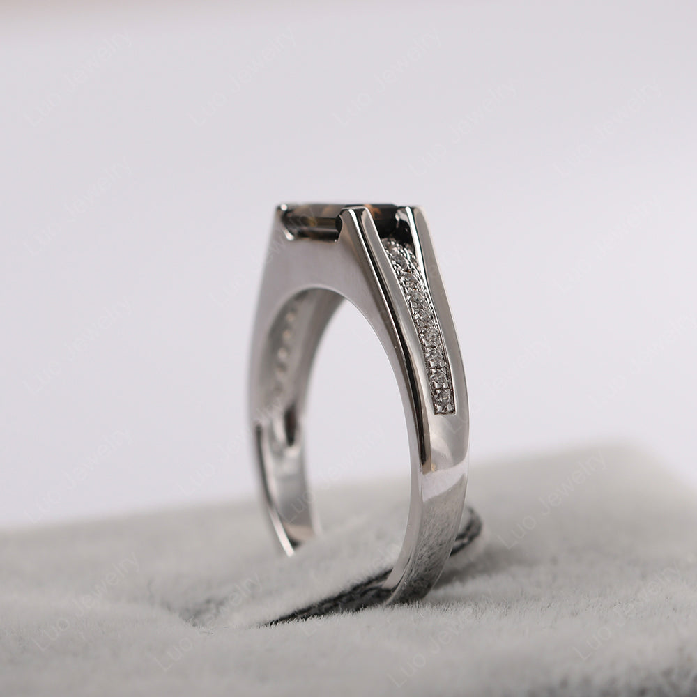 East West Smoky Quartz Ring Emerald Cut Engagement Ring - LUO Jewelry