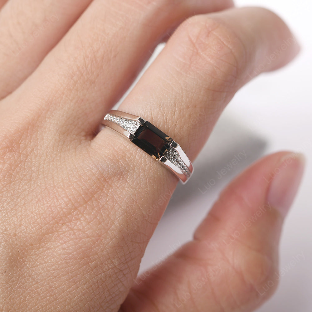 East West Smoky Quartz Ring Emerald Cut Engagement Ring - LUO Jewelry