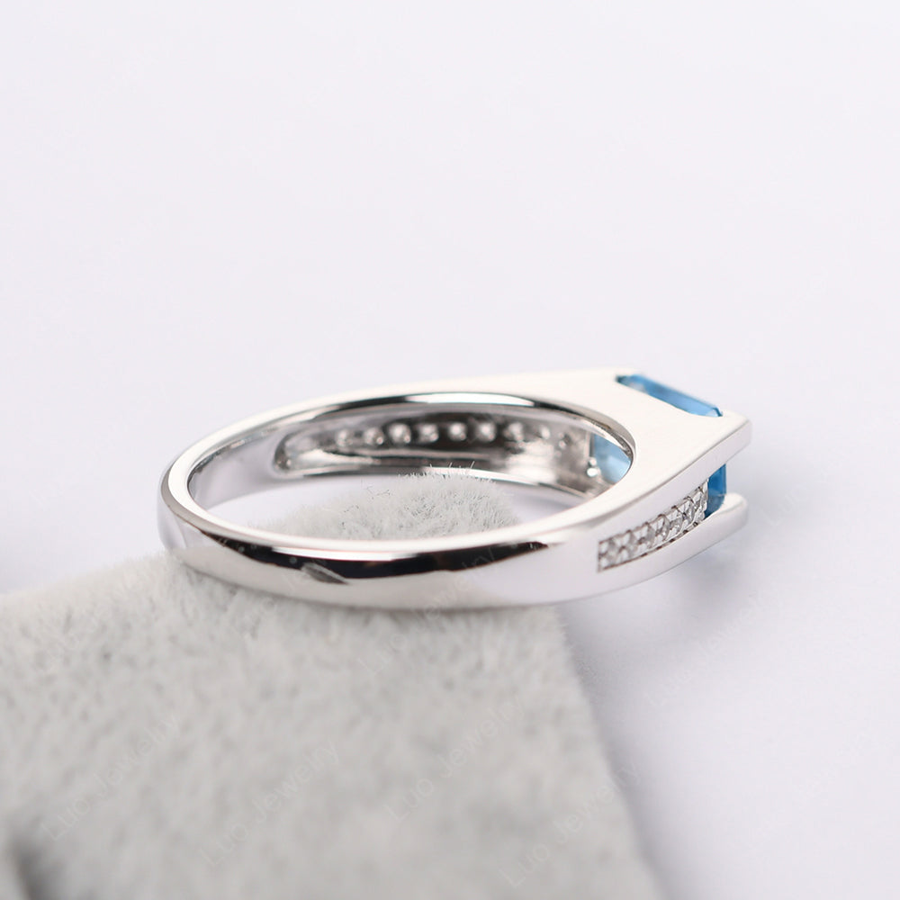 East West Swiss Blue Topaz Ring Emerald Cut Engagement Ring - LUO Jewelry