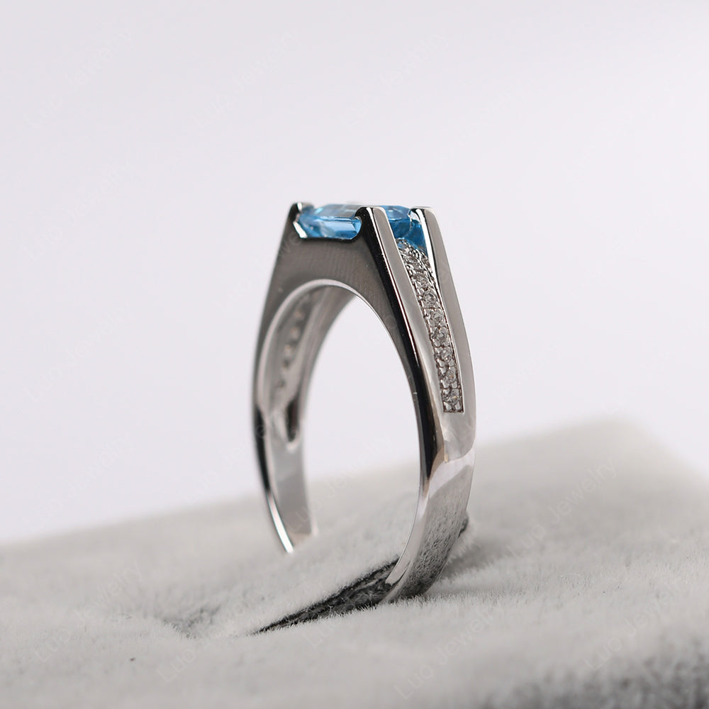 East West Swiss Blue Topaz Ring Emerald Cut Engagement Ring - LUO Jewelry