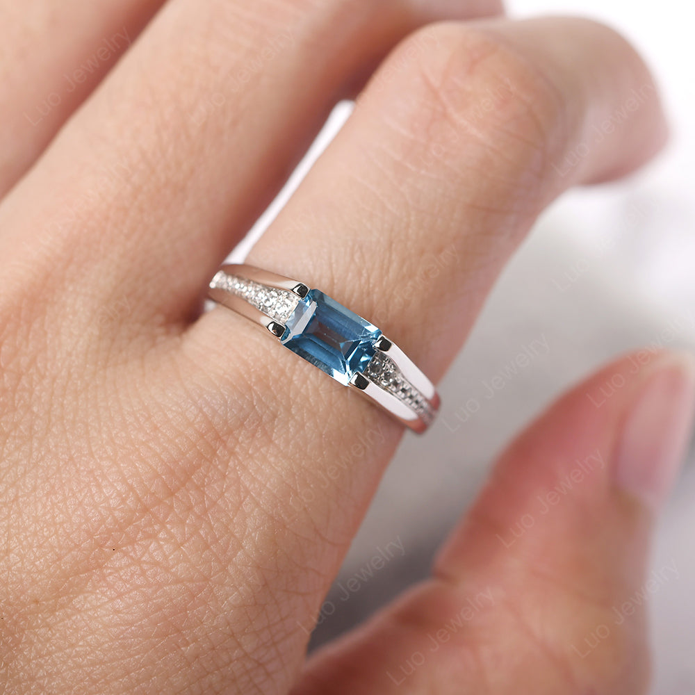 East West Swiss Blue Topaz Ring Emerald Cut Engagement Ring - LUO Jewelry