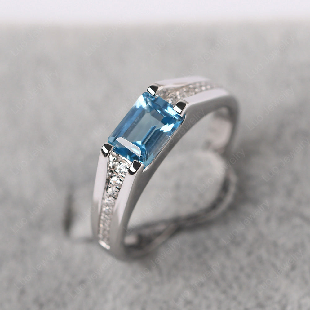 East West Swiss Blue Topaz Ring Emerald Cut Engagement Ring - LUO Jewelry