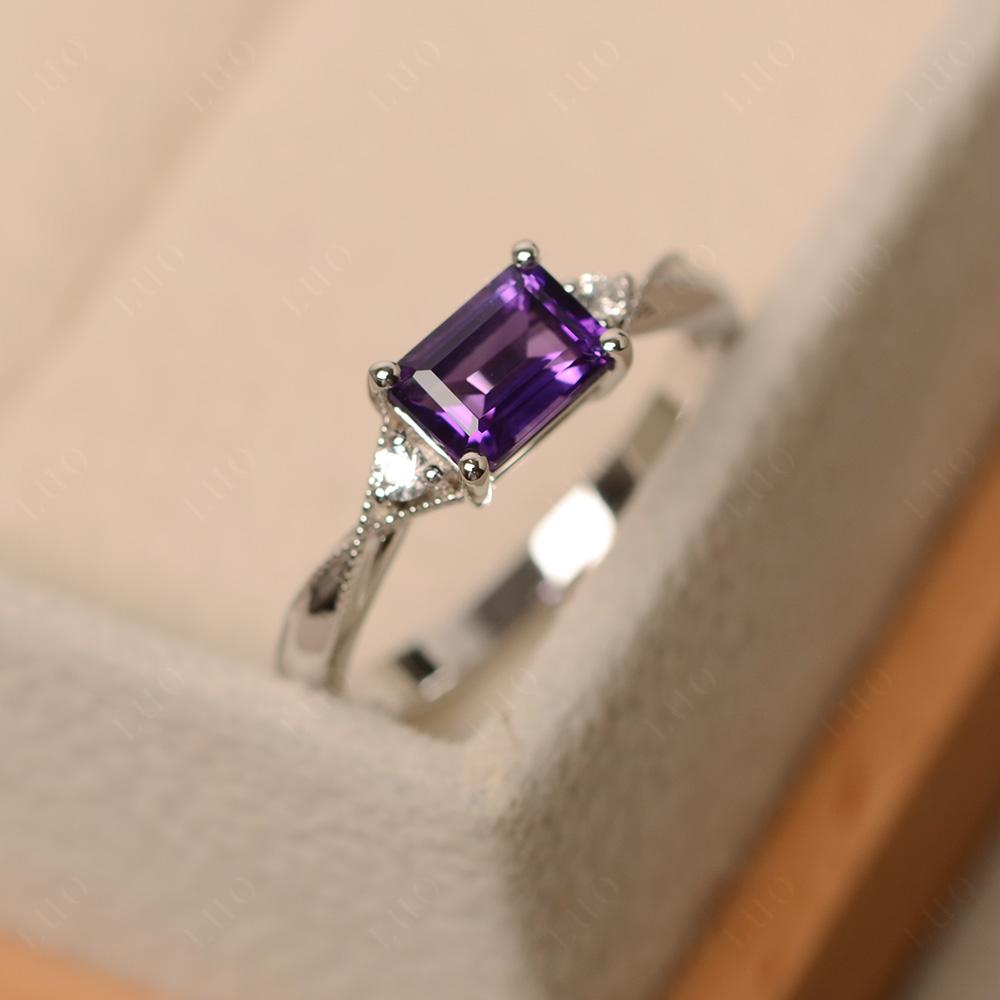 Horizontal Emerald Cut Amethyst Engagement Ring - LUO Jewelry