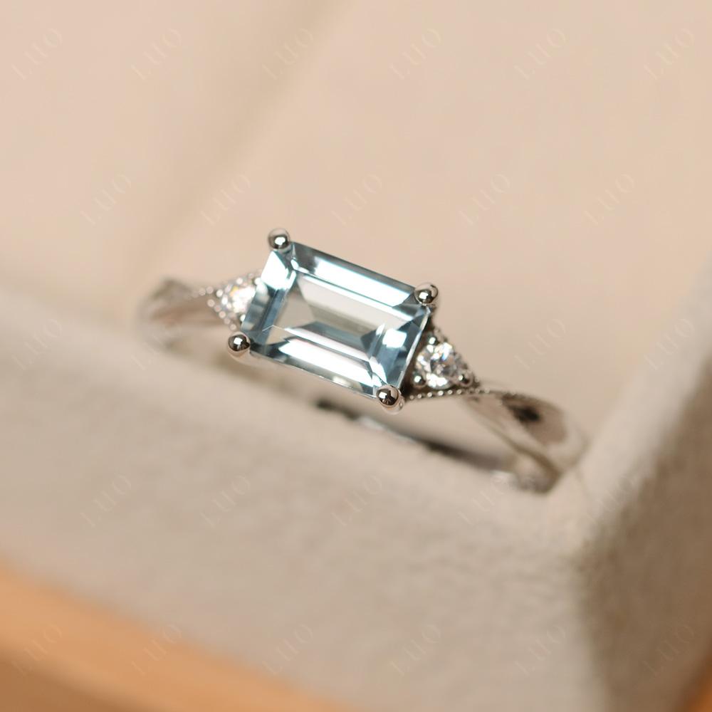 Horizontal Emerald Cut Aquamarine Engagement Ring - LUO Jewelry