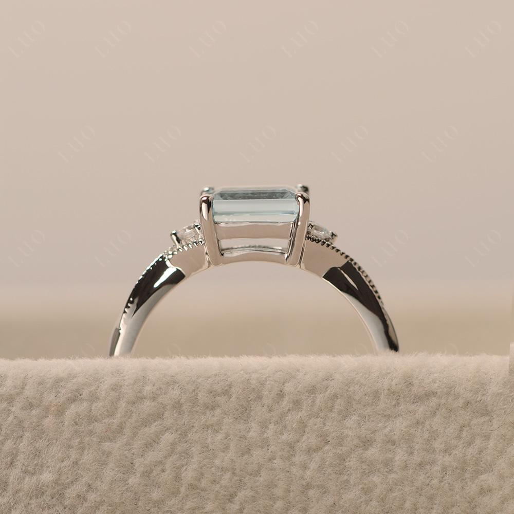 Horizontal Emerald Cut Aquamarine Engagement Ring - LUO Jewelry