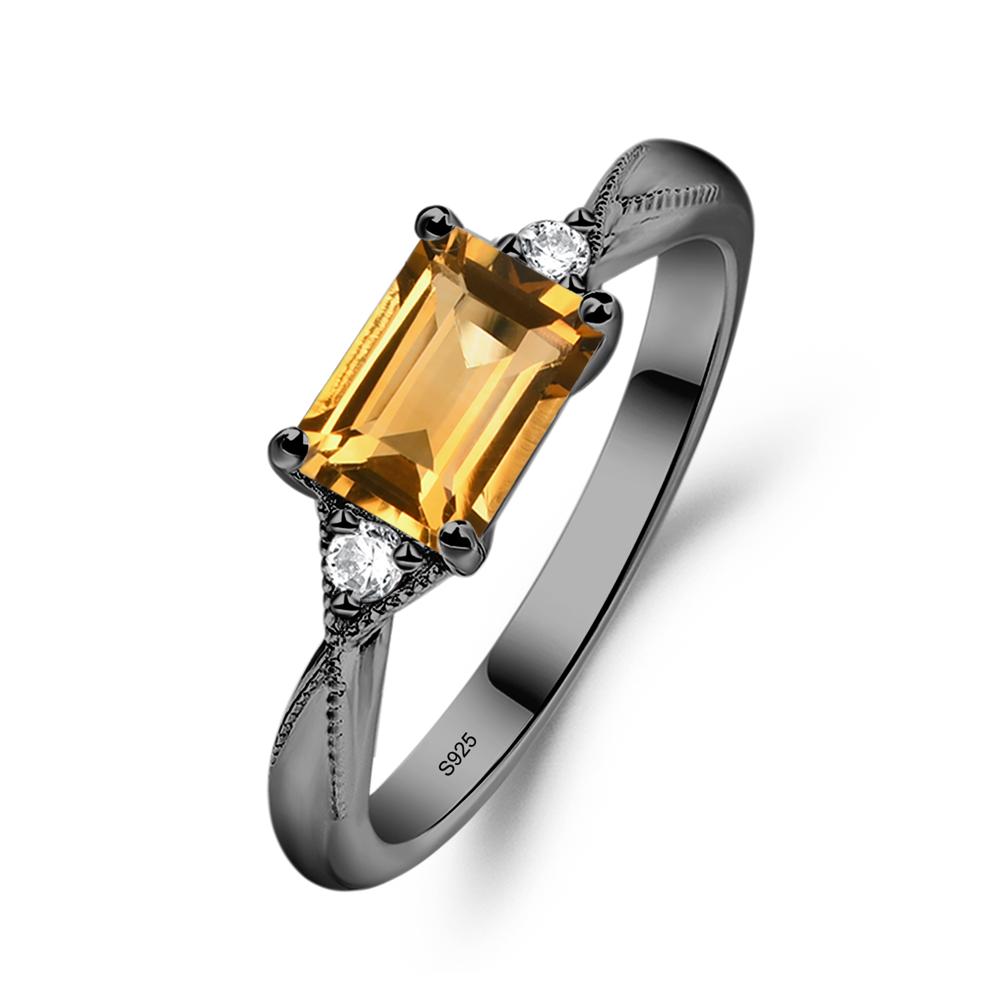 Horizontal Emerald Cut Citrine Engagement Ring - LUO Jewelry #metal_black finish sterling silver