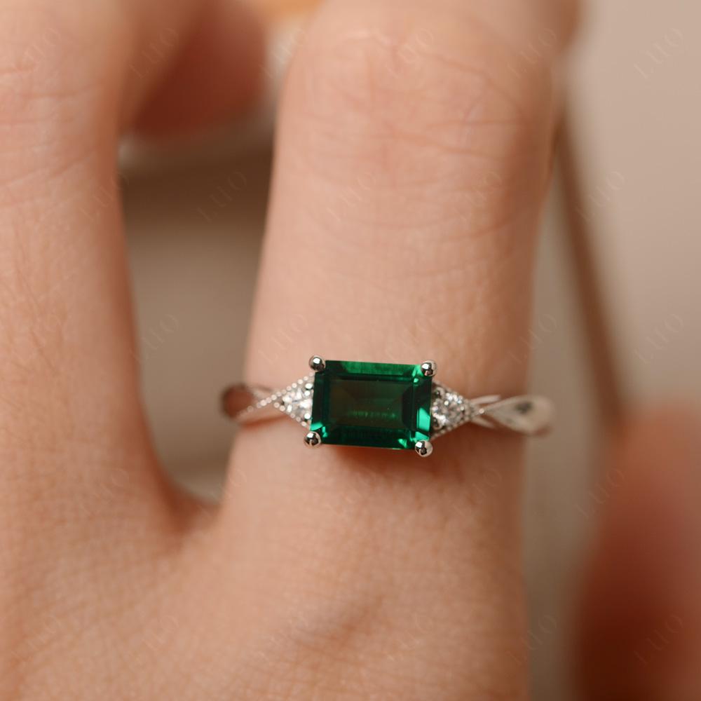 Horizontal Emerald Cut Emerald Engagement Ring - LUO Jewelry