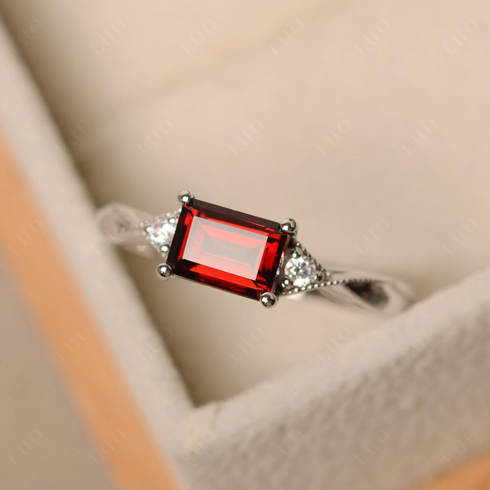 Horizontal Emerald Cut Garnet Engagement Ring - LUO Jewelry