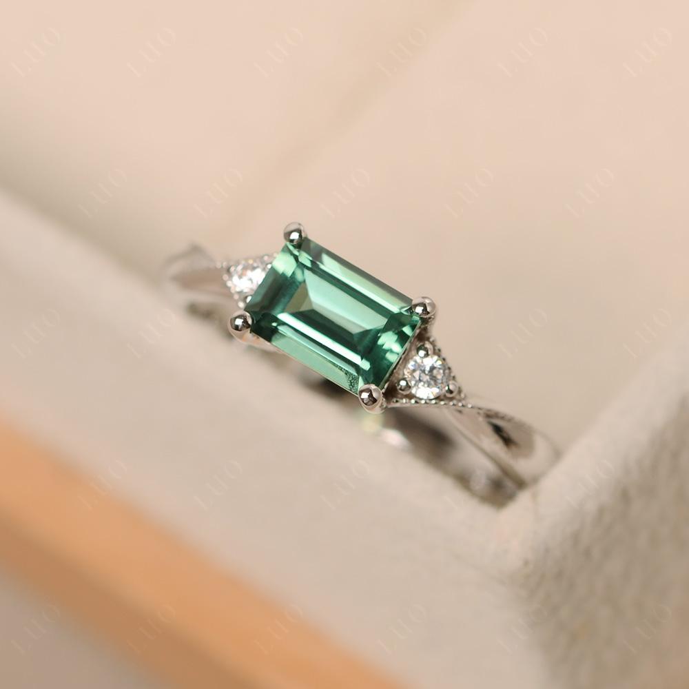 Horizontal Emerald Cut Green Sapphire Engagement Ring - LUO Jewelry