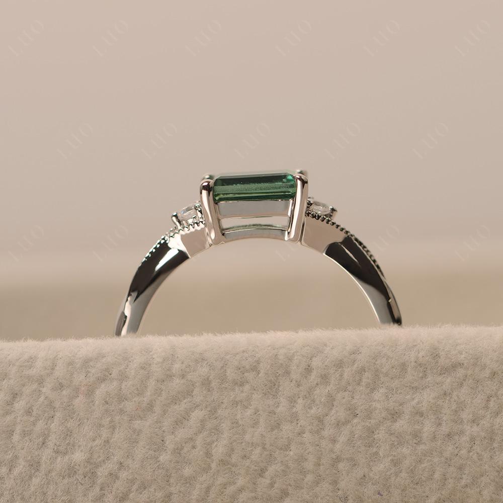 Horizontal Emerald Cut Green Sapphire Engagement Ring - LUO Jewelry