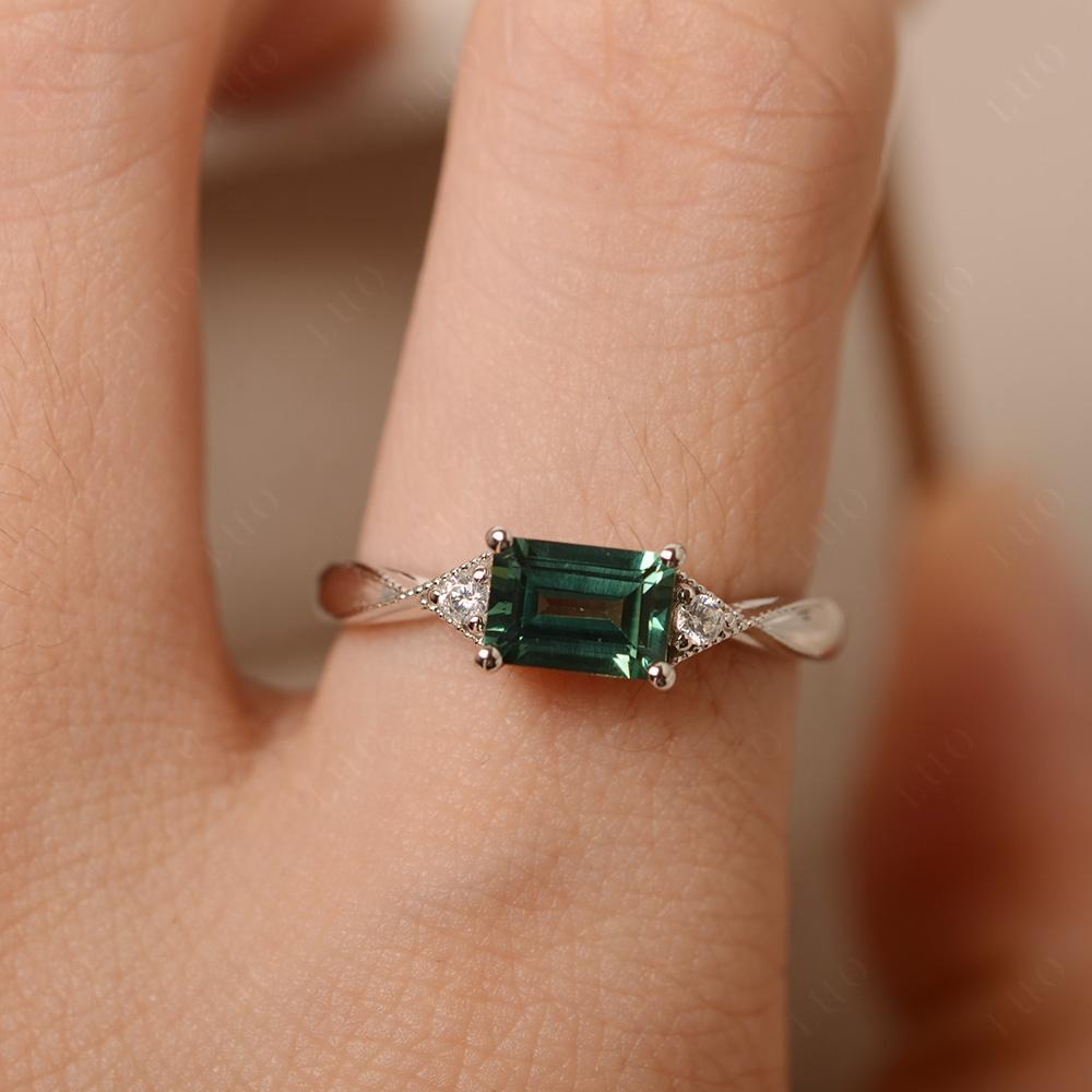 Horizontal Emerald Cut Green Sapphire Engagement Ring - LUO Jewelry