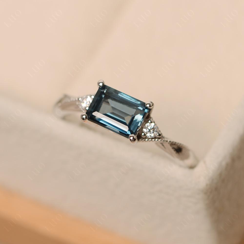 Horizontal Emerald Cut London Blue Topaz Engagement Ring - LUO Jewelry