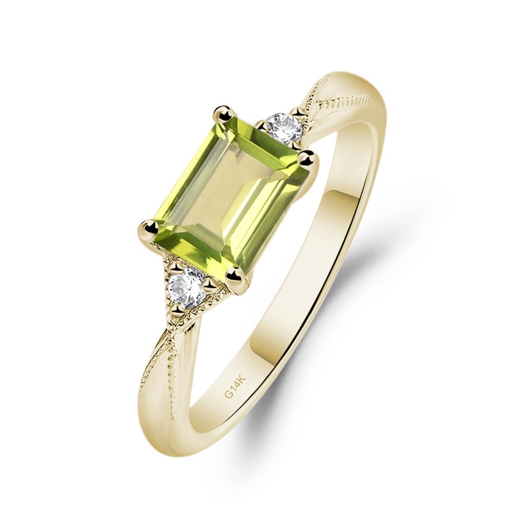 Horizontal Emerald Cut Peridot Engagement Ring - LUO Jewelry #metal_14k yellow gold