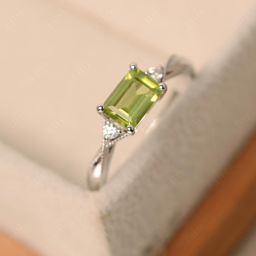Horizontal Emerald Cut Peridot Engagement Ring - LUO Jewelry