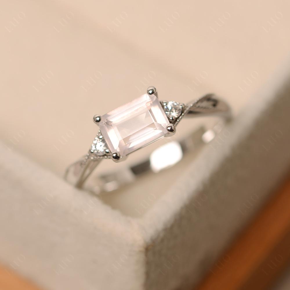 Horizontal Emerald Cut Rose Quartz Engagement Ring - LUO Jewelry