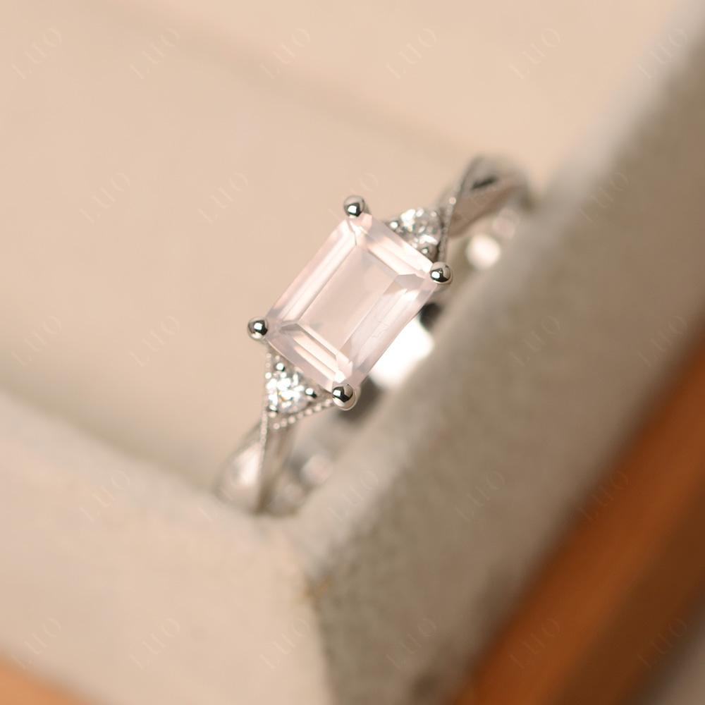 Horizontal Emerald Cut Rose Quartz Engagement Ring - LUO Jewelry