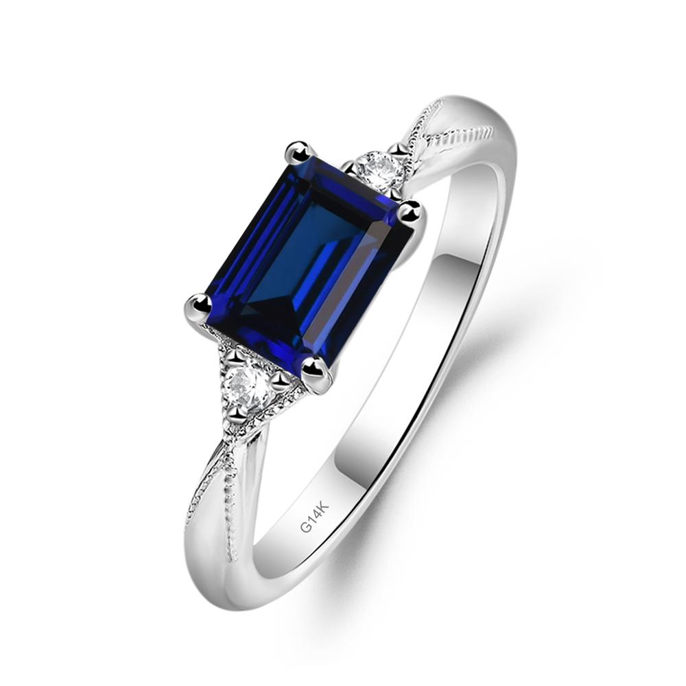 Horizontal Emerald Cut Sapphire Engagement Ring - LUO Jewelry #metal_14k white gold