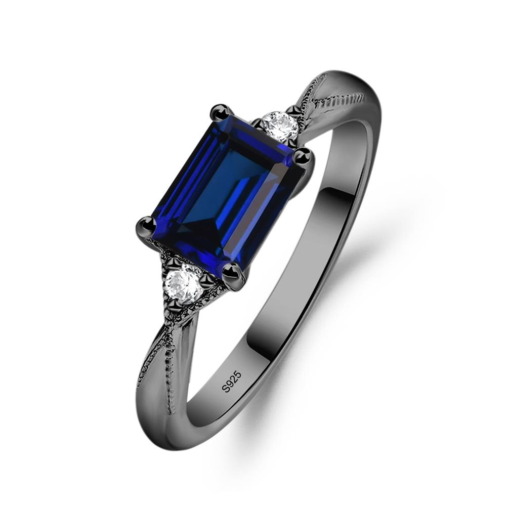 Horizontal Emerald Cut Sapphire Engagement Ring - LUO Jewelry #metal_black finish sterling silver