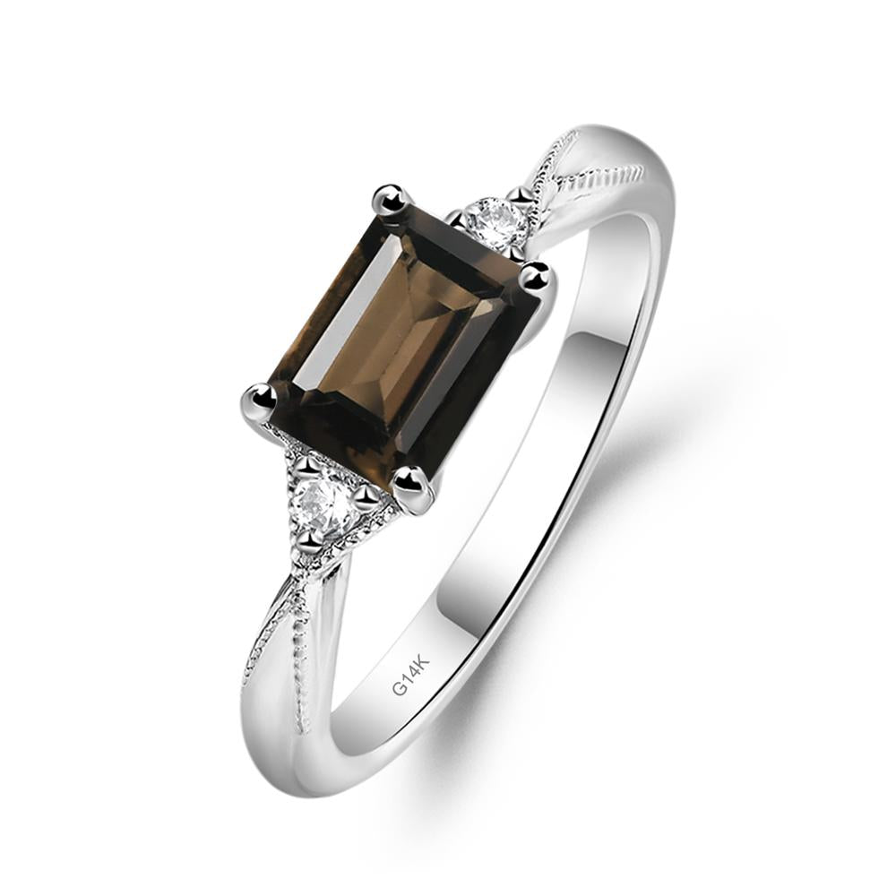 Horizontal Emerald Cut Smoky Quartz Engagement Ring - LUO Jewelry #metal_14k white gold