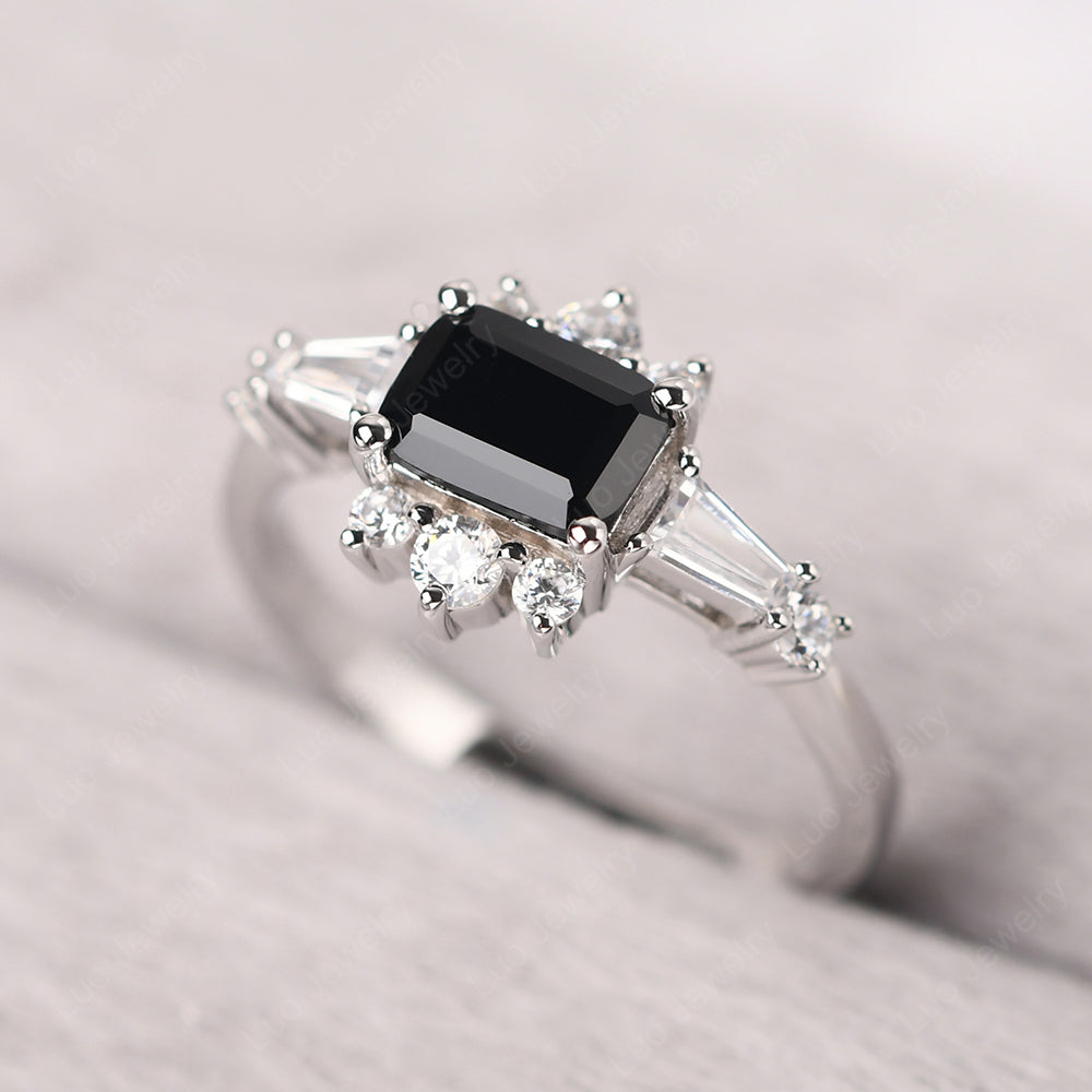 Emerald Cut Black Spinel Horizontal Ring - LUO Jewelry