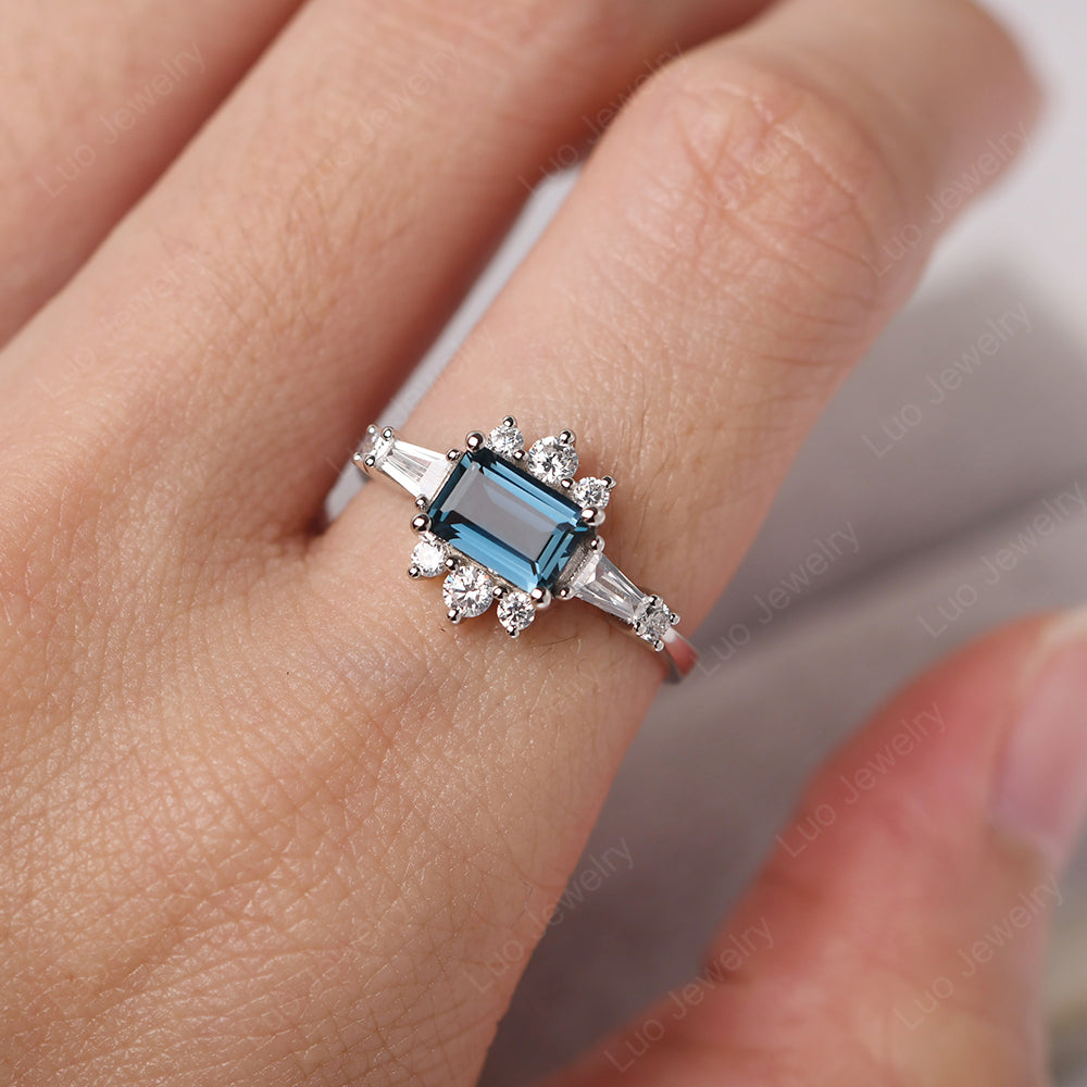 Emerald Cut London Blue Topaz Horizontal Ring - LUO Jewelry