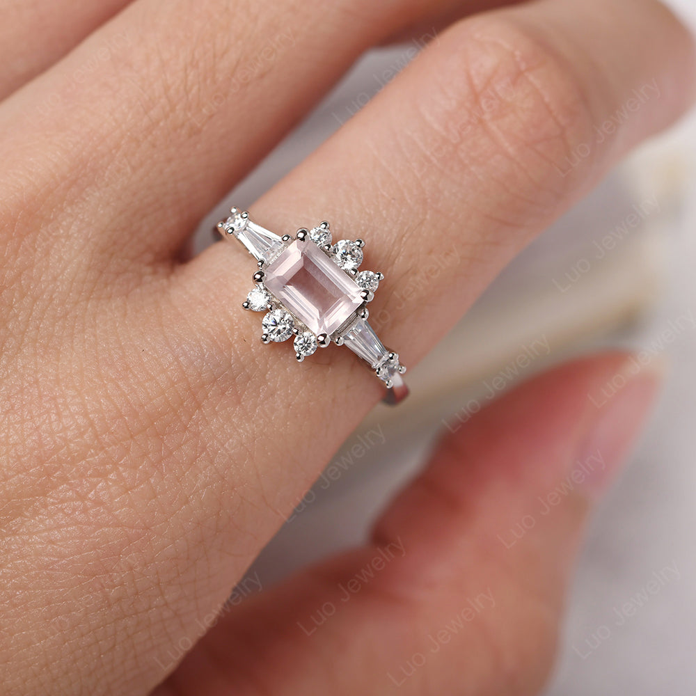 Emerald Cut Rose Quartz Horizontal Ring - LUO Jewelry