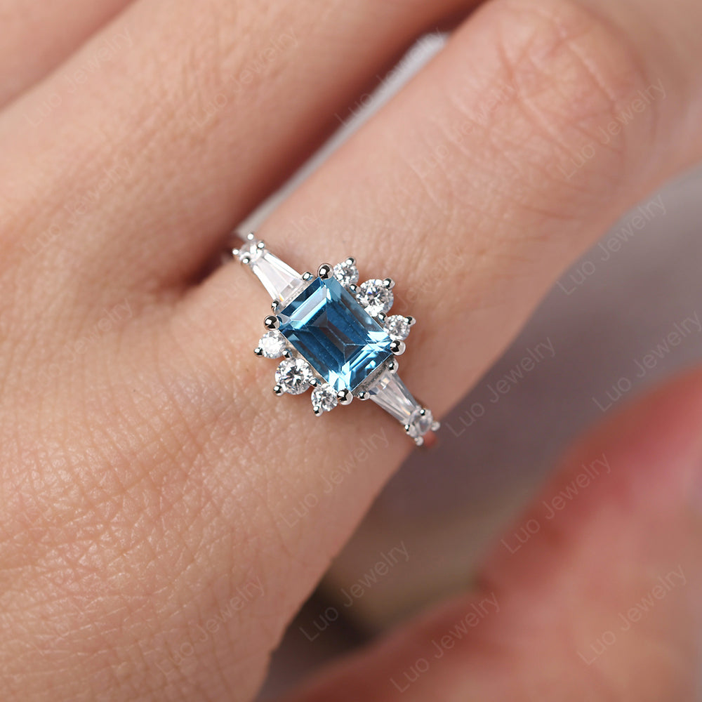 Emerald Cut Swiss Blue Topaz Horizontal Ring - LUO Jewelry